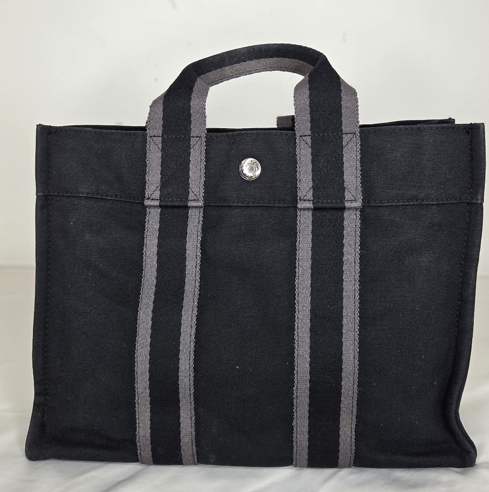 Hermes Small 12"x9" Canvas Tote Bag Stylish In Black and Gray - Picture 1 of 13